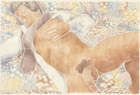 Monica Majoli, <em>Blueboy (Roger)</em>, 2019. Watercolor woodcut transfer on paper, 50 x 74 inches. Courtesy the artist and Galerie Buchholz, Berlin/Cologne/New York.