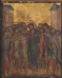 Fig. 2: Cimabue, <em>Mocking of Christ</em>, c. 1280. Tempera and gold leaf on panel. Art Market, Paris. 