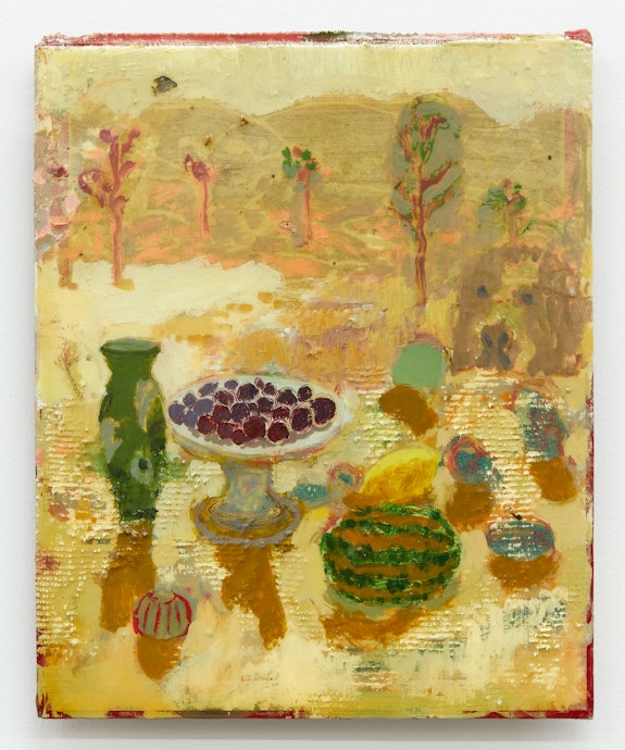 Andrew Cranston, <em>Harvest of a quiet eye</em>, 2019-21. Oil and varnish on hardback book cover, 12 1/4 x 9 7/8 inches. Courtesy the artist and Karma, New York.