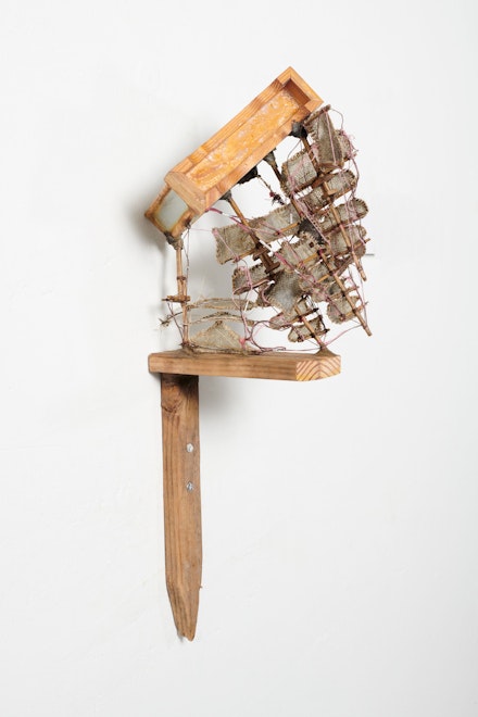 Sophie Friedman-Pappas, <em>Heat Island</em>, 2020. Urine-tanned cod leather, artificial sinew, saprophytic fungi, penicillium mold, aloe fibers, charcoal, watercolor, Apoxie Sculpt, found objects, thread, grade stake, and aluminum foil, 22 x 10 x 8 inches. Photo: Timothy Mahoney.