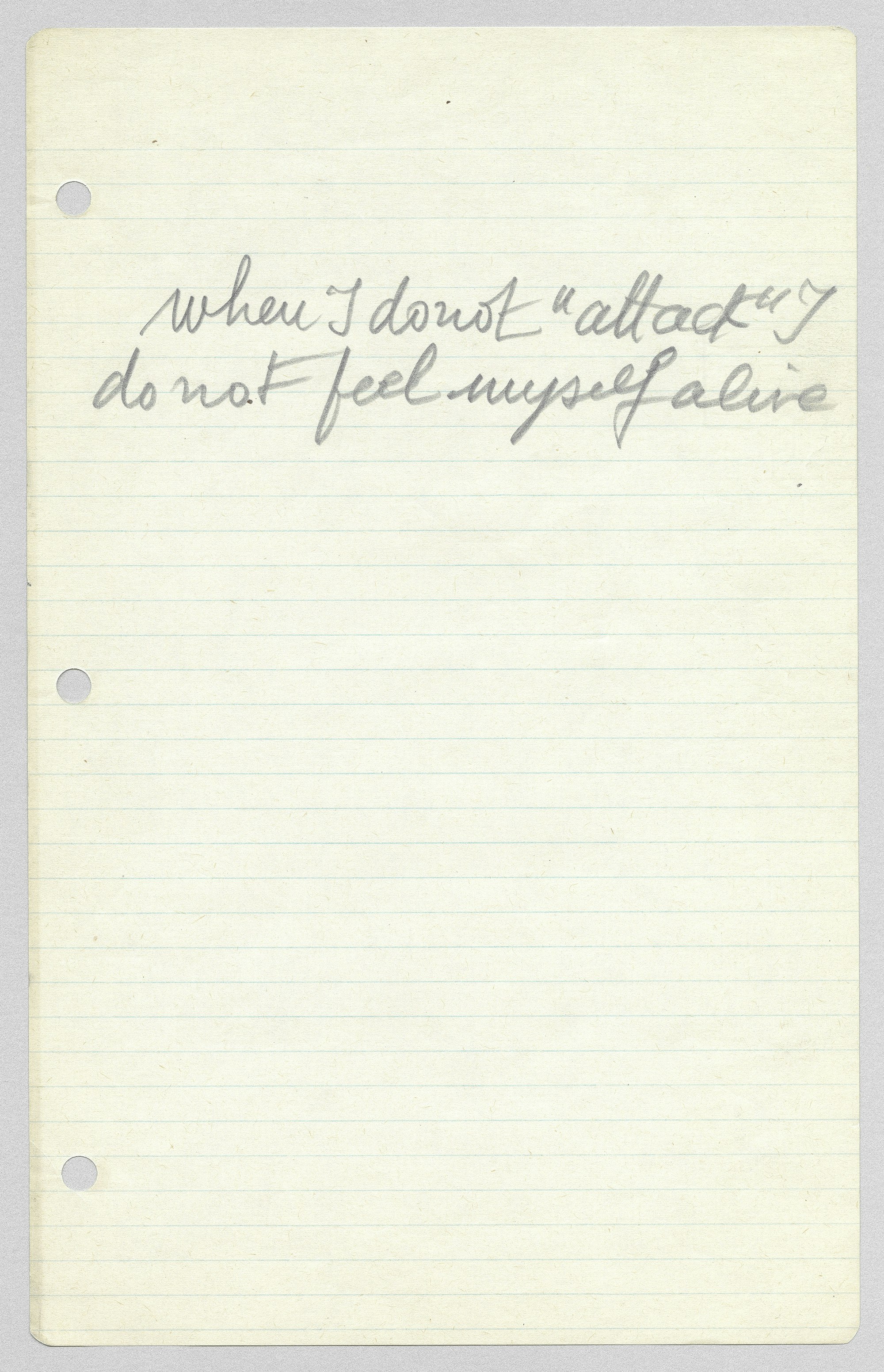 Louise Bourgeois,<em> Loose sheet of writing</em>, ca. 1961. Handwritten in pencil on ruled paper.© The Easton Foundation/Licensed by VAGA at Artists Rights Society (ARS), NY