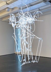 Cerith Wyn Evans, <em>Neon Forms (after Noh I)</em>, 2015. White neon, 139 x 118 7/8 x 83 7/16 inches. Photo by the author.