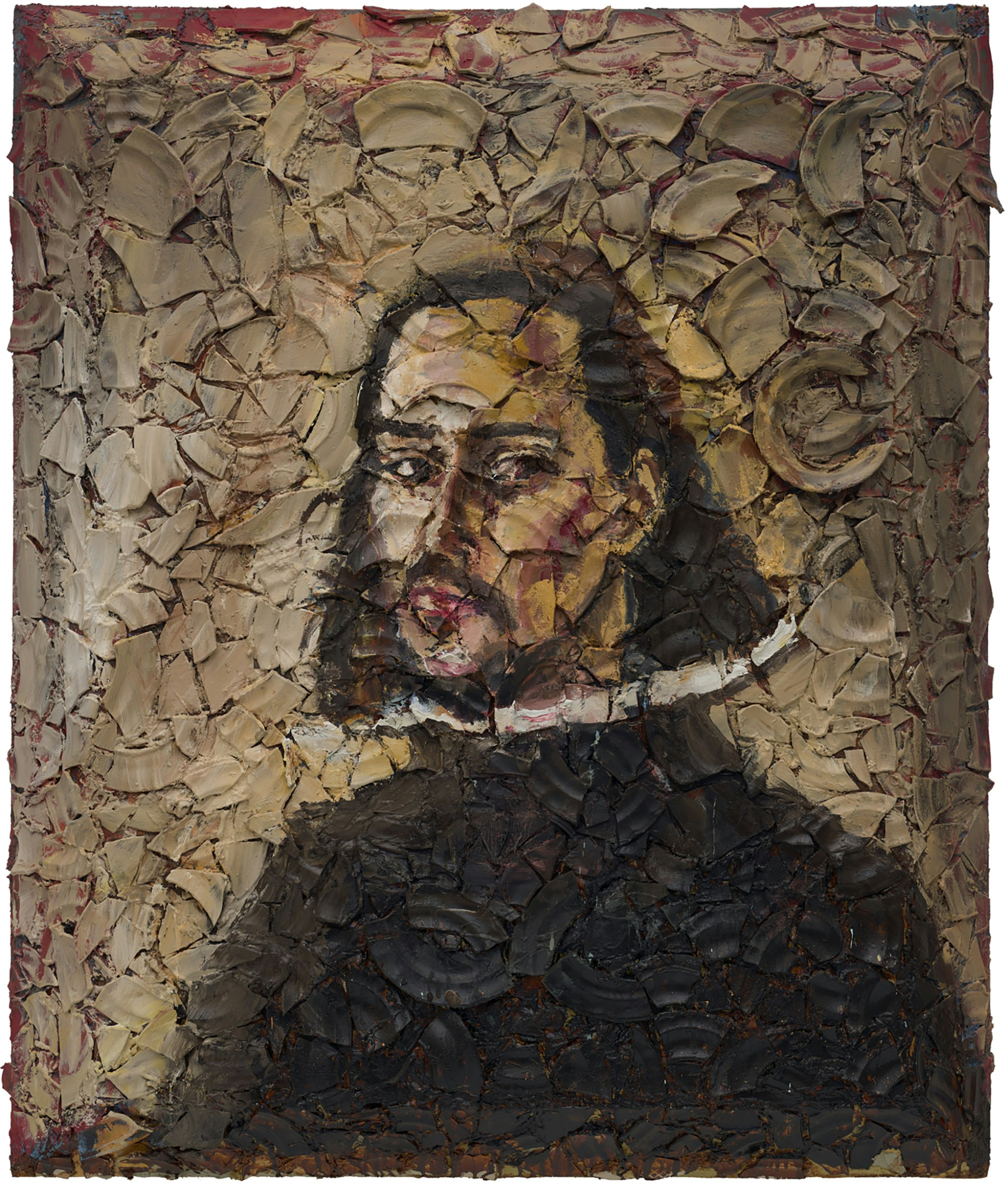 Julian Schnabel, <em>Number 1 (Velazquez Self-Portrait, Cy)</em>, 2019. Oil, plates and bondo on wood, 72 x 60 inches. Courtesy Pace Gallery.