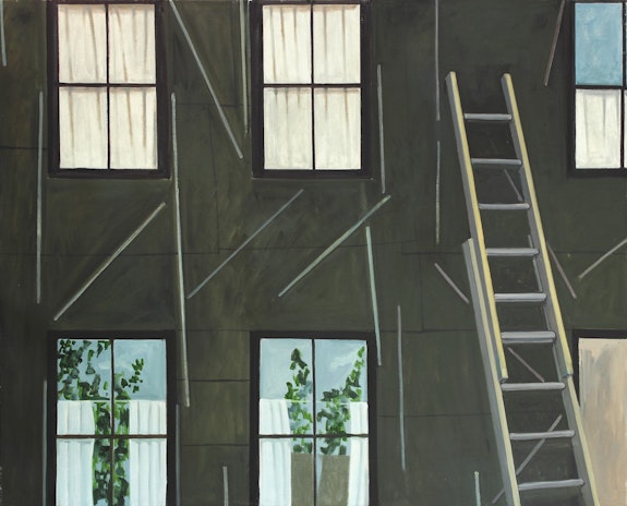 Lois Dodd, <em>Front of House and Ladder</em>, 1985. Oil on linen, 40 x 50 inches. Courtesy Alexandre Gallery.