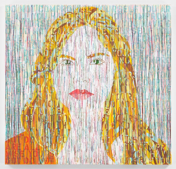 Ghada Amer, <em>Portrait of Maya</em>, 2021. Acrylic, embroidery, and gel medium on canvas, 48 1/8 x 50 1/8 inches. Transcription: '‘Do not compromise yourself. You are all you have got.