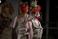 “Chorus” performers in floral masks designed by Rebecca Makus for Collen Thomas’s <em>Light and Desire</em> at New York Live Arts. Photo: Maria Baranova.
