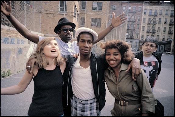 Debbie Harry, Fab 5 Freddy, Grandmaster Flash, Chris Stein, and unidentified woman. Photo by Charlie Ahearn, courtesy of the photographer and the Museum of the City of New York.
