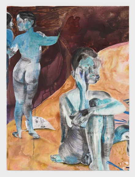 Wardell Milan, <em>4 Female Warriors Sunbathing</em>, 2021. Acrylic, charcoal, graphite, china marker, colored pencil, pastel, yupo paper, cut and pasted paper, 29 3/4 x 22 1/4 inches. Courtesy the artist and David Nolan Gallery.
