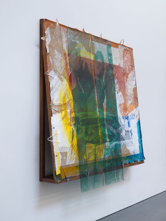 Tomashi Jackson, <em>Among Heirs (Niamuck and Azurest)</em> (side view), 2021. Acrylic and wampum dust on canvas, cotton textiles, and paper bags with archival prints on PVC marine vinyl mounted on a handcrafted walnut awning structure with brass hooks and grommets, 75 x 77 3/4 x 9 1/4 inches. Courtesy Tilton Gallery.