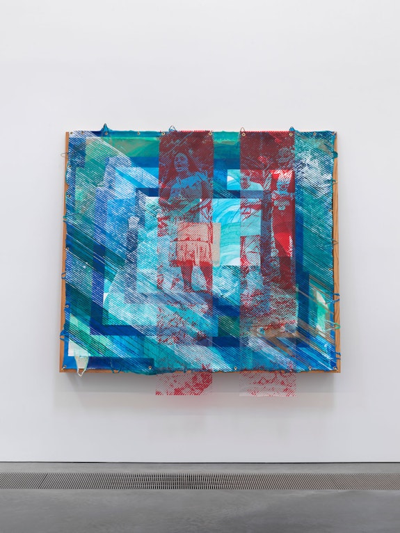 Tomashi Jackson, <em>Among Protectors (Hawthorne Road and the Pell Case)</em>, 2021. Acrylic and wampum dust on canvas, paper potato bags, and paper bags with archival prints on PVC marine vinylmounted on a handcrafted Douglas firawning structure with brass hooks andgrommets, 74 x 76 3/4 x 9 1/4 inches. Photo: Dario Lasagni.