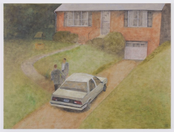 Katelyn Eichwald, <em>Outside the House</em>, 2021. Oil on linen, 36 x 48 inches. Courtesy the artist and Fortnight Institute, New York.