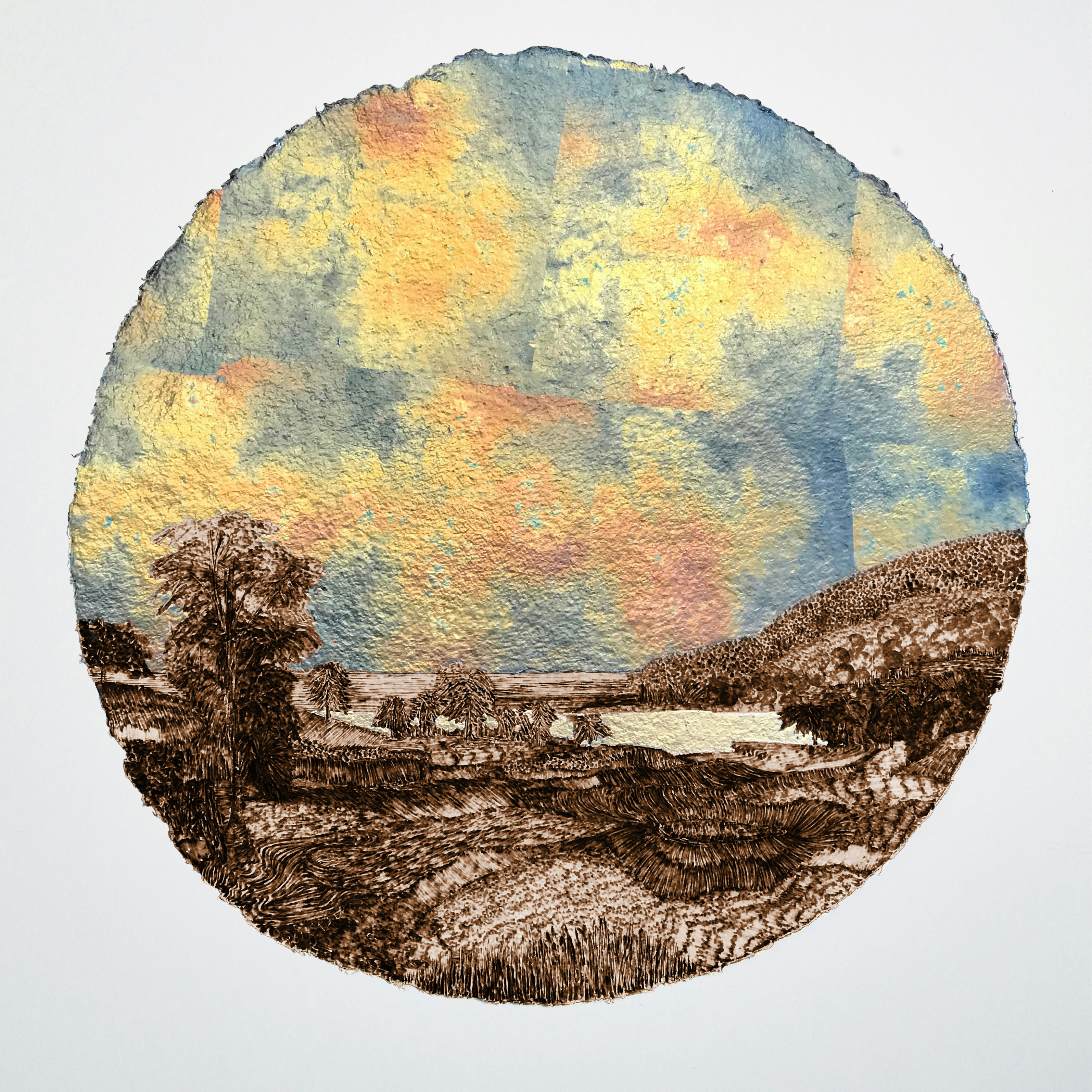 Stacy Lynn Waddell, <em>Landscape with Rainbow After a Celestial Explosion (for R. S.D.)</em>, 1859/2021. Burned handmade paper with blue pencil, variegated metal and composition gold leaf, 16 inches diameter. Courtesy the artist and CANDICE MADEY, New York. Photo: Christopher Ciccone Photography.