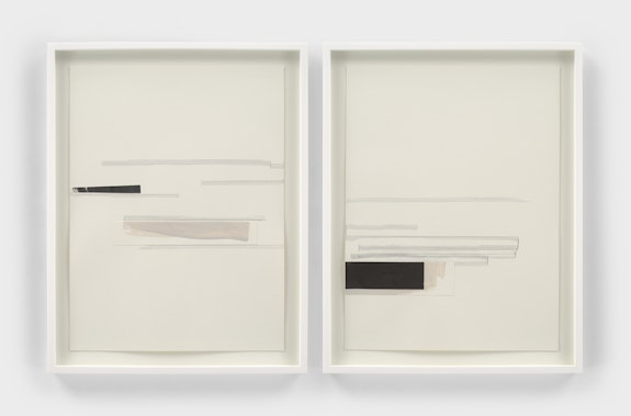 Jennie C. Jones,<em> Untitled (Segue Score) Diptych #2</em>, 2021. Collage, acrylic and ink on paper in two parts, 20 x 15 inches each. Courtesy Alexander Gray Associates.