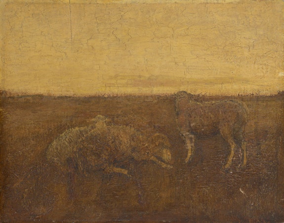 Albert Pinkham Ryder, <em>Landscape with Sheep</em>, ca. 1870. Oil on panel, 7 3/4 x 9 7/8 inches. Cornell Fine Arts Museum, Gift of Alastair Bradley Martin.