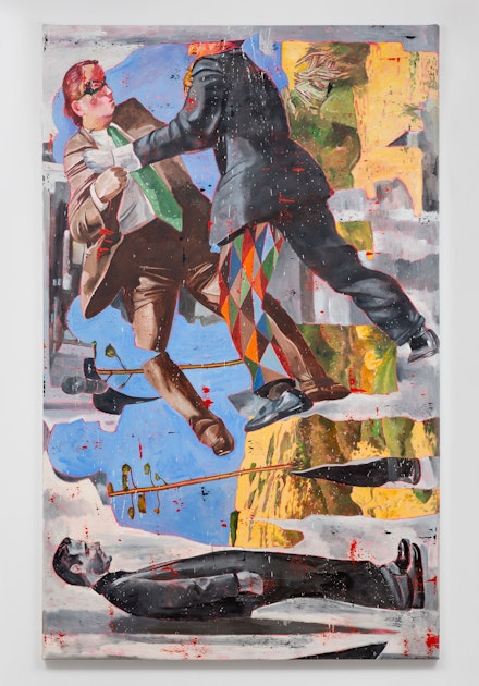 Nicky Nodjoumi, <em>We the Witnesses</em>, 2021. Oil on canvas, 96 x 60 inches. Courtesy the artist and Helena Anrather, New York. Photo: Daniel Terna.