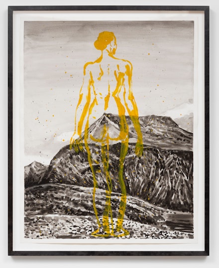 Nicky Nodjoumi, <em>Mountain Climber</em>, 2016. Ink and gouache on paper, 28 1/2 x 22 1/2 inches. Courtesy the artist and Helena Anrather, New York. Photo: Daniel Terna.