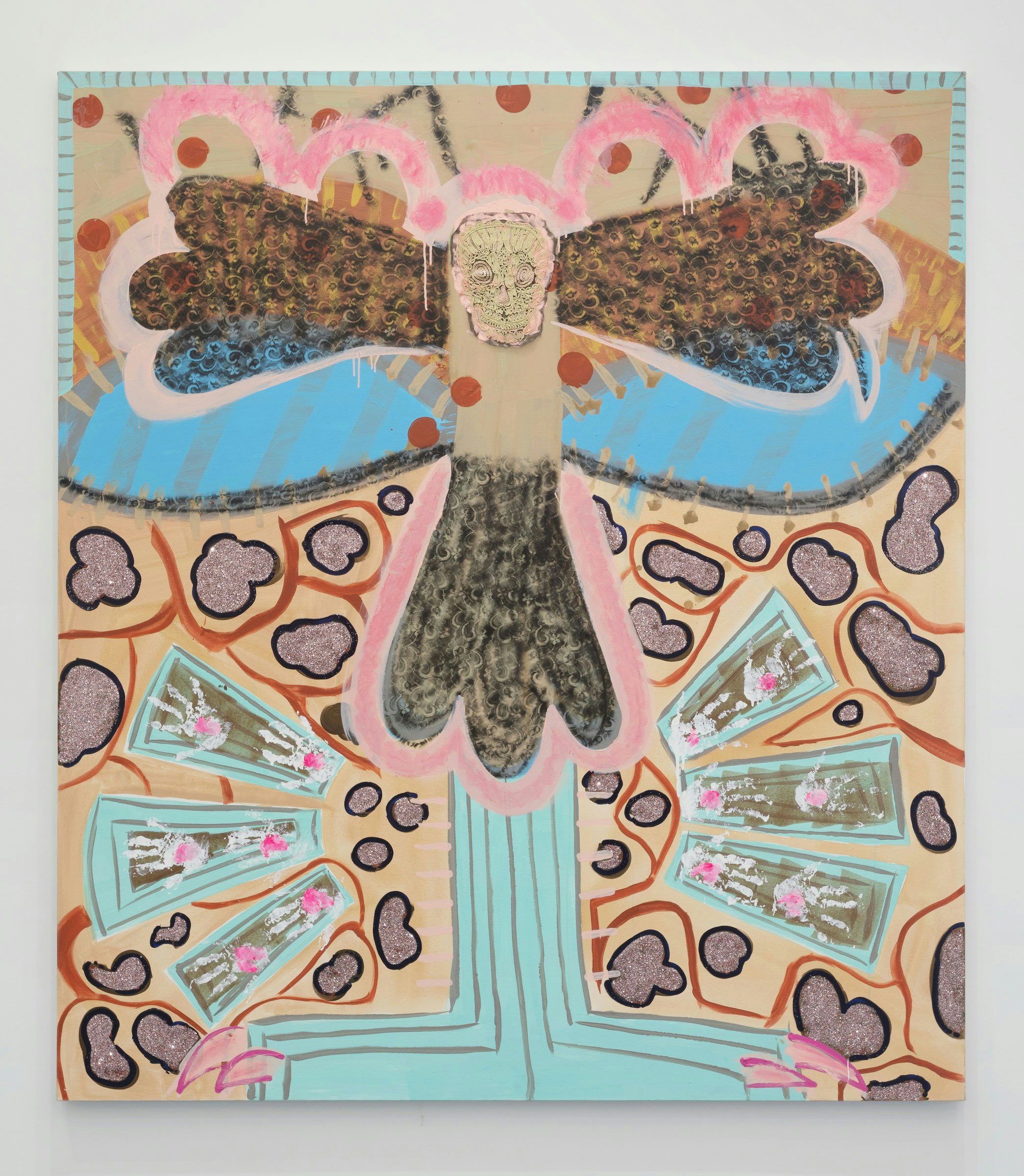 Tamara Gonzales, <em>Hawk Moth</em>, 2021. Acrylic, pastel, spray paint, fabric, sequins, and glitter on canvas 85 x 74 inches. Courtesy the artist and Klaus von Nichtssagend Gallery.