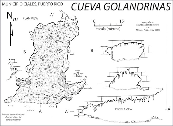 Map made by Michael Lace, in collaboration with Ciudadanos del Karso and Abel Vale, during the meeting organized by Trade School together with the Villalobos family on June 21, 2019 at Las Golondrinas Cave in barrio Cordillera, Ciales, Puerto Rico. The meeting took place during the summer solstice.