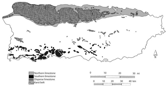 Map identified by Marina Reyes as part of the research for Allora & Calzadilla work <em>Puerto Rican Light (Cueva Viento)</em>, in collaboration with Dia Art Foundation and Para La Naturaleza. Distribution of the karst region in Puerto Rico, adapted from Lugo, et al. (2001), originally from Monroe (1976). Source: Andrea Hall and Mick Day, “Ecotourism in the State Forest Karst of Puerto Rico,” <em>Journal of Cave and Karst Studies</em>, Vol. 76, No. 1, p. 32.