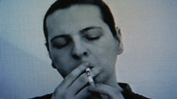 Iain Forsyth and Jane Pollard, <em>Chain Smoker-Tap Dancer,</em> 1995. 2-channel video. Image courtesy the artists. 