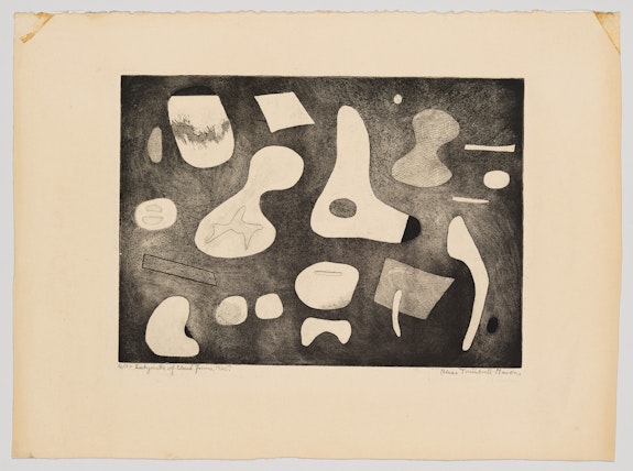 Alice Trumbull Mason, <em>Labyrinth of Closed Forms</em>, 1945. Etching, aquatint, and embossing, 14 1/4 x 19 5/16 inches. Courtesy Whitney Museum of American Art, New York. © 2021 Emily Mason & Alice Trumbull Mason Foundation / Licensed by VAGA at Artists Rights Society (ARS), NY.