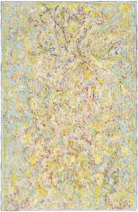 Beauford Delaney, <em>Composition Peinture (aka Light Blue to Gold Abstraction)</em>, c.1958. Oil on canvas, 39 3/8 x 25 1/2 inches. © Estate of Beauford Delaney, by permission of Derek L. Spratley, Esquire, Court Appointed Administrator; Courtesy Michael Rosenfeld Gallery LLC, New York.