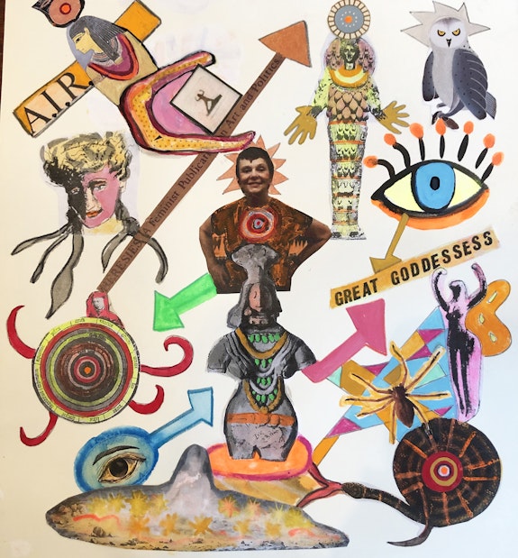 Susan Bee, <em>Great Goddess: Tribute to Mary Beth Edelson</em>, 2021, 10 x 9.25 inches, gouache, watercolor, ink, pencil, crayon, and collage on Rives paper.