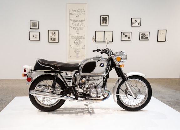 Tiona Nekkia McClodden, <em>The Lover, off the road (after Barbara)</em>, 1972 - 2021 Black paint and metal chrome on BMW R5/5 motorcycle. Courtesy Company.