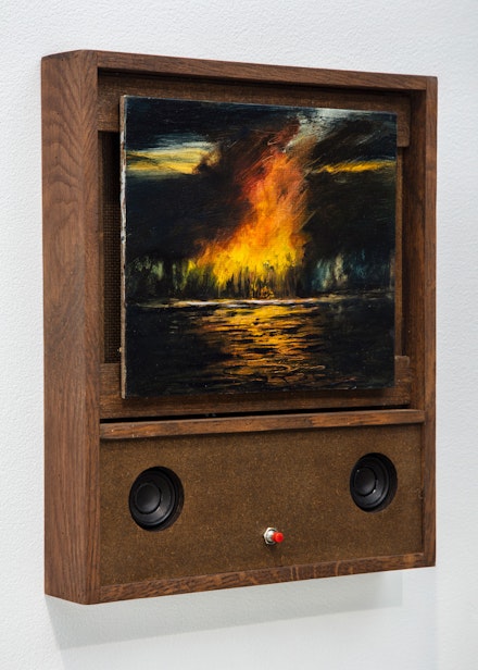 Janet Cardiff and George Bures Miller, <em>Cabin Fire</em>, 2021. Oil paint on board, walnut frame, mixed media and electronics. 12 1/2 x 10 1/2 x 2 in.  Photo: David B. Smith. © Janet Cardiff and George Bures Miller; Courtesy of the artists and Luhring Augustine, New York.