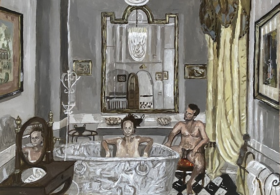 Polina Barskaya, <em>Bathing in Florence</em>, 2021. Acrylic on canvas, 19 3/4 x 27 1/2.  Courtesy Monya Rowe Gallery, New York.
