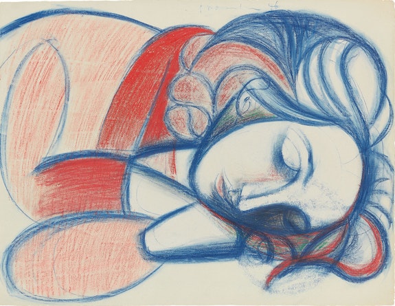 Pablo Picasso, <em>Portrait de femme endormie, III [Portrait of Sleeping Woman, III]</em>, 1946. Colored crayon on paper, 19 1/4 x 25 3/4 inches. Yageo Foundation Collection, Taiwan.