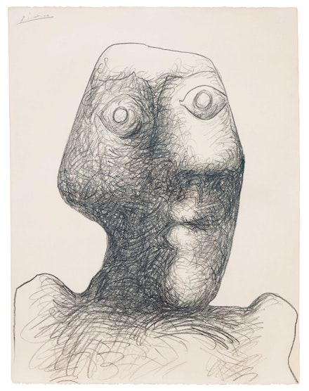 Pablo Picasso, <em>Tête [Head]</em>, 1972. Pencil on Arches paper, 25 3/4 x 19 7/8 inches. Private Collection, New York.