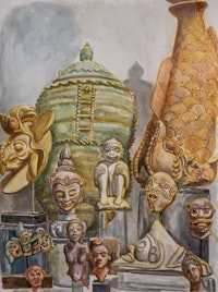 Philip Pearlstein, <em>Antiquities on My Shelf I</em>, 2021. Watercolor on paper, 30 x 23.5 inches. Courtesy Betty Cunningham Gallery.