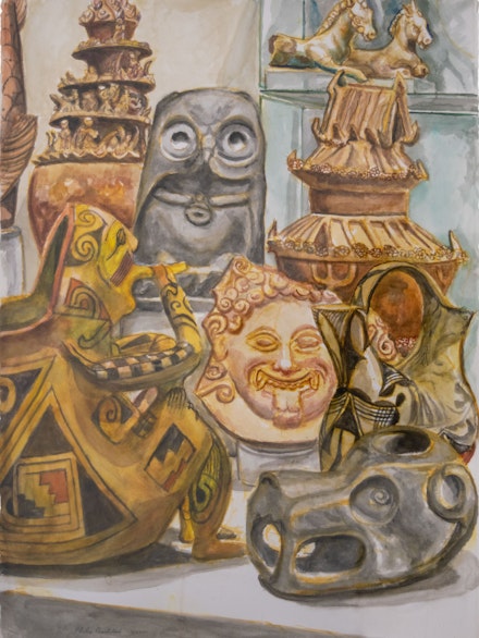 Philip Pearlstein,<em> Antiquities on my Shelf III</em>, 2021. Watercolor on paper, 30 x 23.5 inches. Courtesy Betty Cunningham Gallery.