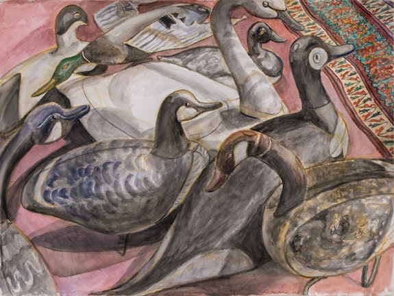 Philip Pearlstein, <em>Gaggle of Decoys in Studio</em>, 2021. Watercolor on paper, 23.5 x 30 inches. Courtesy Betty Cunningham Gallery.