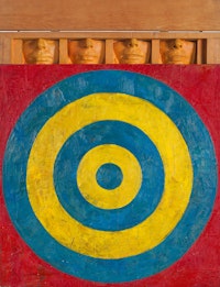 Jasper Johns, <em>Target with Four Faces</em>, 1955. Encaustic and collage on canvas with objects, 29 3/4 x 26 inches. The Museum of Modern Art, New York. © 2021 Jasper Johns / Licensed by VAGA at Artists Rights Society (ARS), NY. Photo: Jamie Stukenberg, Professional Graphics, Rockford, Illinois.