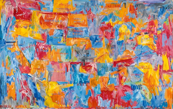 Jasper Johns, <em>Map</em>, 1961. Oil on canvas, 78 x 123 1/4 inches. The Museum of Modern Art, New York. © 2021 Jasper Johns / Licensed by VAGA at Artists Rights Society (ARS), NY.
