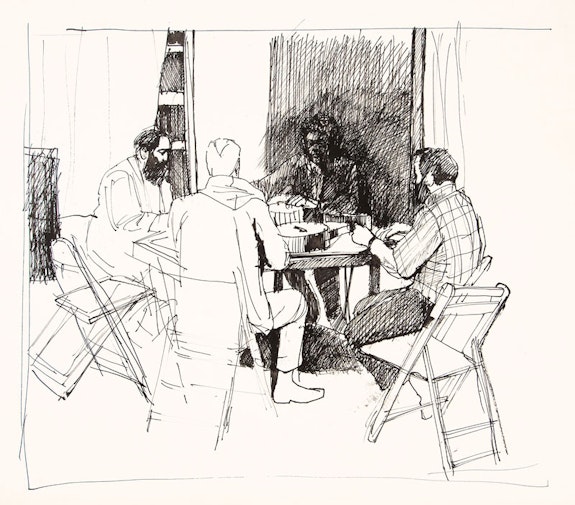 Larry Day, <em>Poker Game</em>, c. 1970. Pen and ink on paper, 13 1⁄2 x 17 in. (Woodmere Art Museum: Gift of Ruth Fine in honor of Rachel Hruszkewycz, 2021). Courtesy Woodmere Art Museum