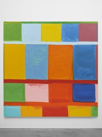 Stanley Whitney, <em>Orange Conversation</em>, 2021. Oil on linen, 96 x 96 inches. Courtesy Lisson Gallery. 