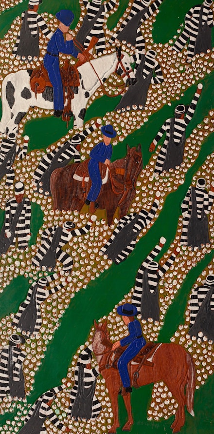 Winfred Rembert, <em>Picking Cotton with Boss Men</em>, 2007. Dye on carved and tooled leather, 64 1/4 x 36 inches. Courtesy Fort Gansevoort, New York.