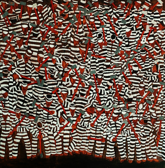 Winfred Rembert, <em>All Me</em>, 2002. Dye on carved and tooled leather, 31 1/4 x 31 1/4 inches. Courtesy Fort Gansevoort, New York.