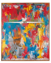 Jasper Johns, <em>Painting with Two Balls</em>, 1960. Encaustic and collage on canvas with objects (3 panels), 65 x 54 1/8 inches. Collection of the artist. © 2021 Jasper Johns/VAGA at Artists Rights Society (ARS), New York.