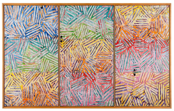 Jasper Johns, <em>Usuyuki</em>, 1982. Encaustic on canvas (three panels), 71 x 113 3/4 inches. Sezon Museum of Modern Art, Nagano, Japan. © 2021 Jasper Johns/VAGA at Artists Rights Society (ARS), New York.