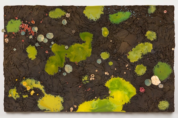 Roxy Paine, <em>Large Green Pools</em>, 2021. Wood, earth pigment, polyester resin, fiberglass, epoxy, stainless steel, lacquer, oil paint, 57 x 94 1/2 x 10 inches. Courtesy the artist and Kasmin, New York.