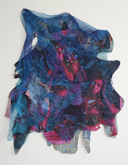 Ambrose Rhapsody Murray, <em>Blue heat countercurrents & memory</em>, 2021. Hand-dyed silk organza, digital print on fabric, blue satin, and vintage kantha quilt, 62 x 52 inches. Courtesy Fridman Gallery.