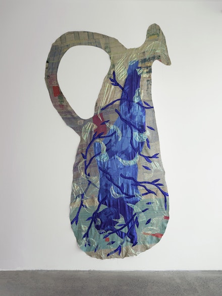 Ambrose Rhapsody Murray, <em>Fairy in a bottle</em>, 2021. Digital print on fabric, satin, vintage kantha quilt and synthetic fabric, 130 x 60 inches. Courtesy Fridman Gallery.