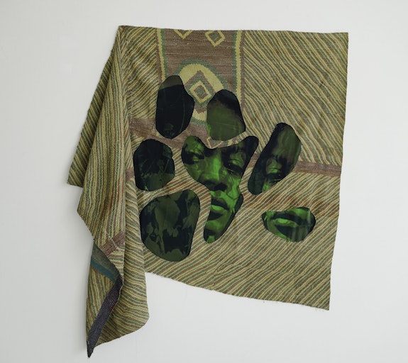 Ambrose Rhapsody Murray, <em>Joesee</em>, 2021. Digital print on crepe silk, kantha quilt, 45 x 48 inches. Courtesy Fridman Gallery.
