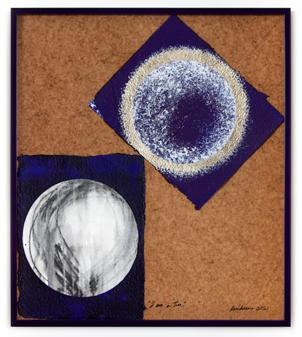 Dorothea Rockburne, <em>Blue Collage, I Am A Tree</em>, 2021. enamel paint, Aquacryl, gold leaf, and watercolor wax crayon on paper mounted on board in artist's frame, 24 x 21 inches. Courtesy David Nolan Gallery.