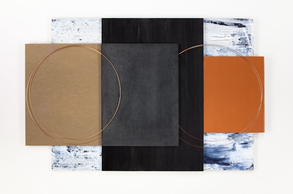 Dorothea Rockburne, <em>Trefoil 5</em>, 2021. Aquacryl paint, glue, graphite, and copper wire on layered boards, 30 x 47 x 1 1/2 inches. Courtesy David Nolan Gallery.