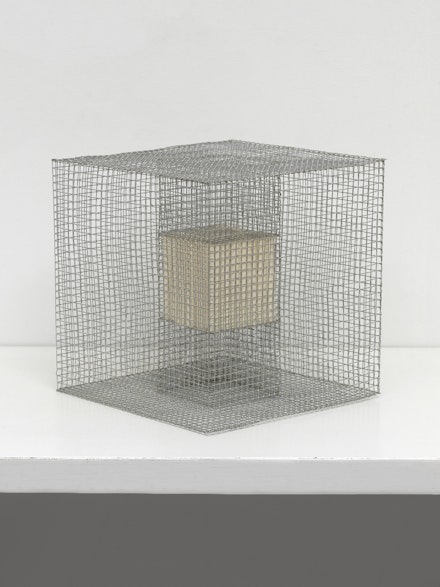 Rakuko Naito, <em>RNcube3-02</em>, 2002. Wire cube, 8 x 8 x 8 inches. Courtesy Alison Bradley Projects.